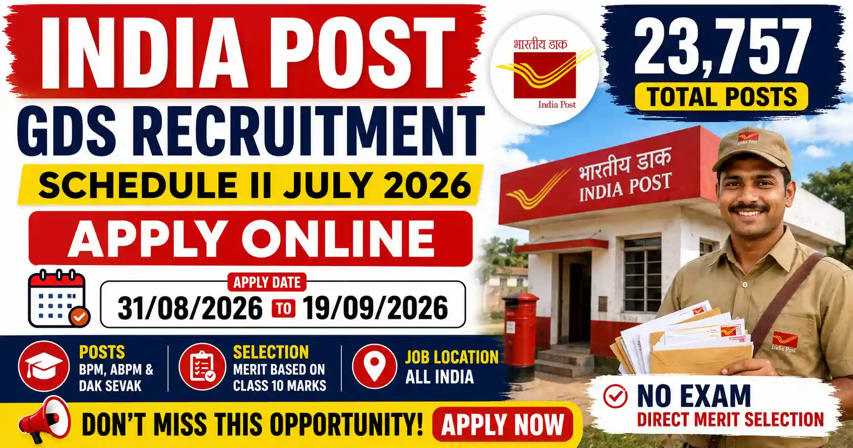 Job thumbnail for India Post Gramin Dak Sevaks (GDS) Recruitment Schedule-II July 2026 – Apply Online for 23757 Posts